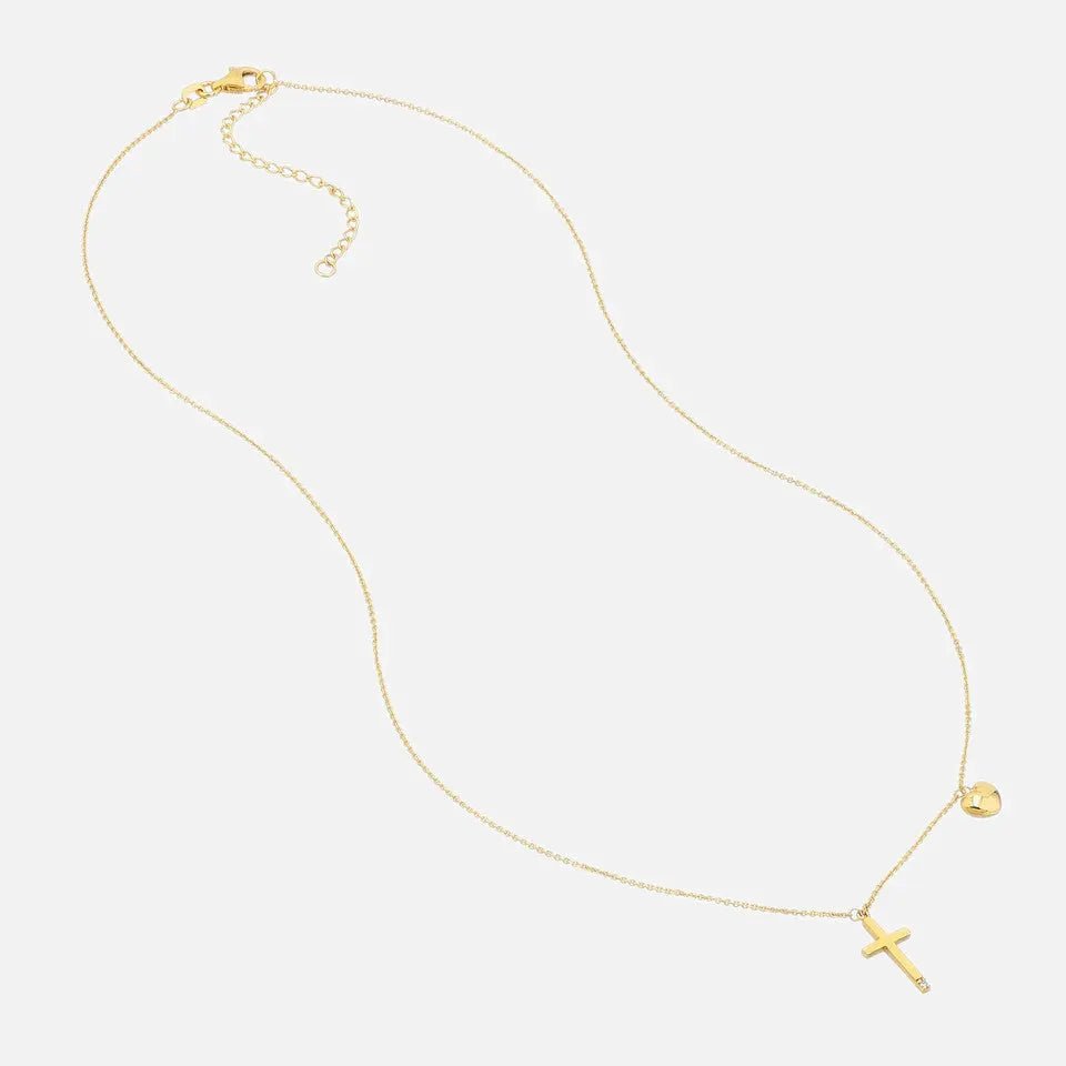 14k Gold Solitaire Diamond Cross Necklace with Puff Heart Charm - Koru Jewelers
