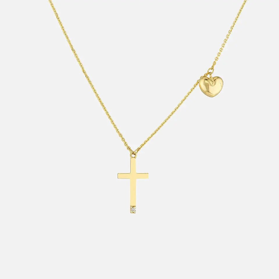 14k Gold Solitaire Diamond Cross Necklace with Puff Heart Charm - Koru Jewelers