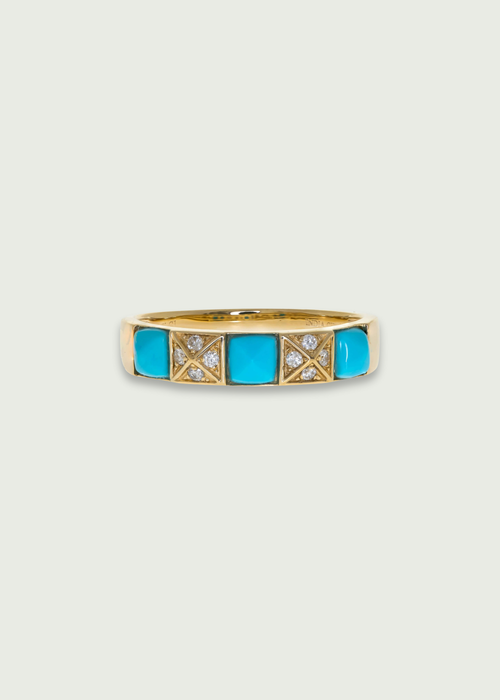 Turquoise and diamond wedding band featuring turquoise blocks and round diamonds on a 14K yellow gold band.