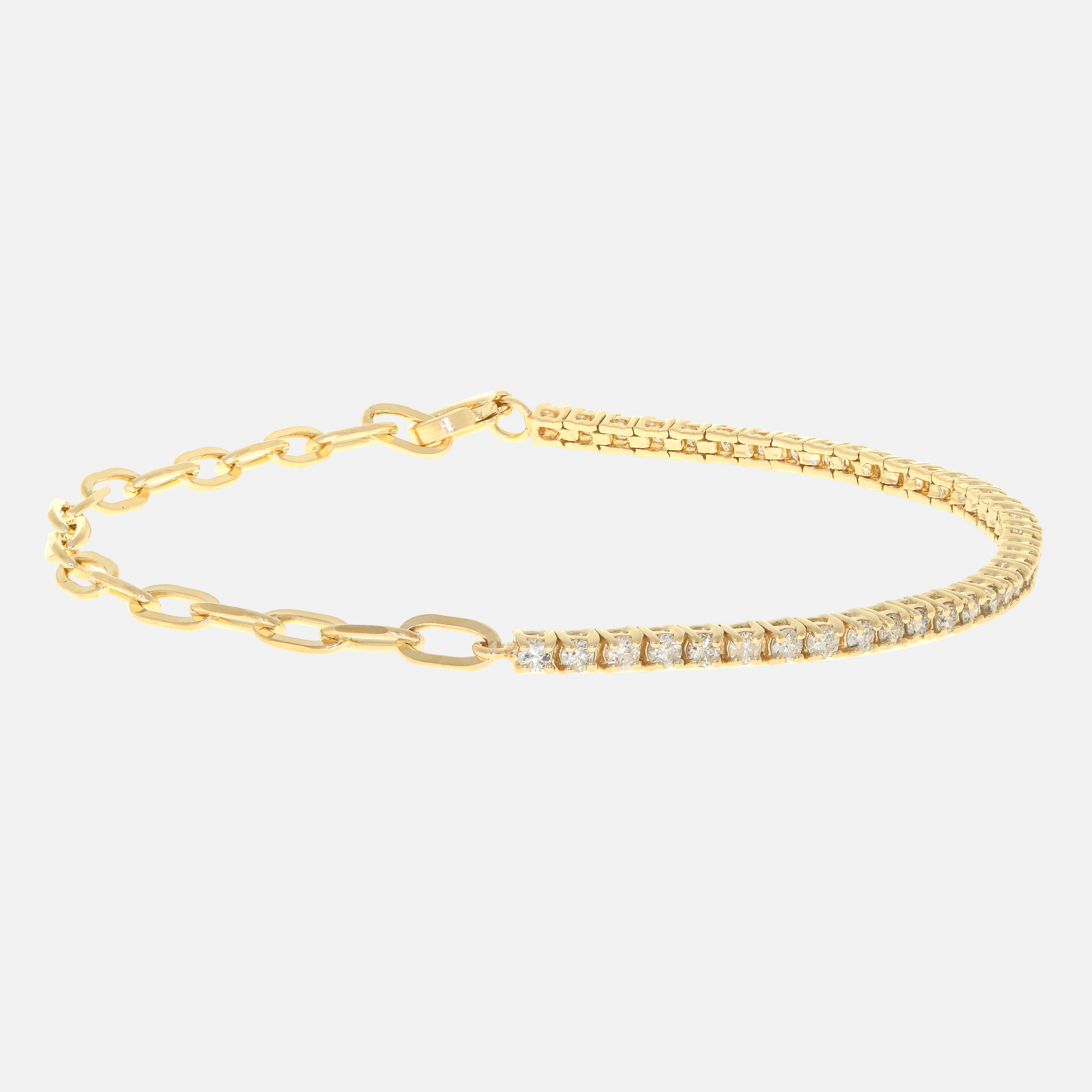 14K Yellow Gold Diamond Tennis Chain Bracelet featuring round brilliant diamonds and polished gold links.