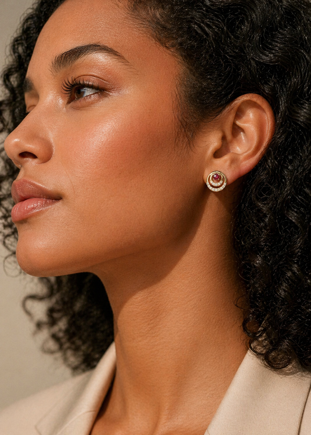 Ruby & Diamond Circle Stud Earrings