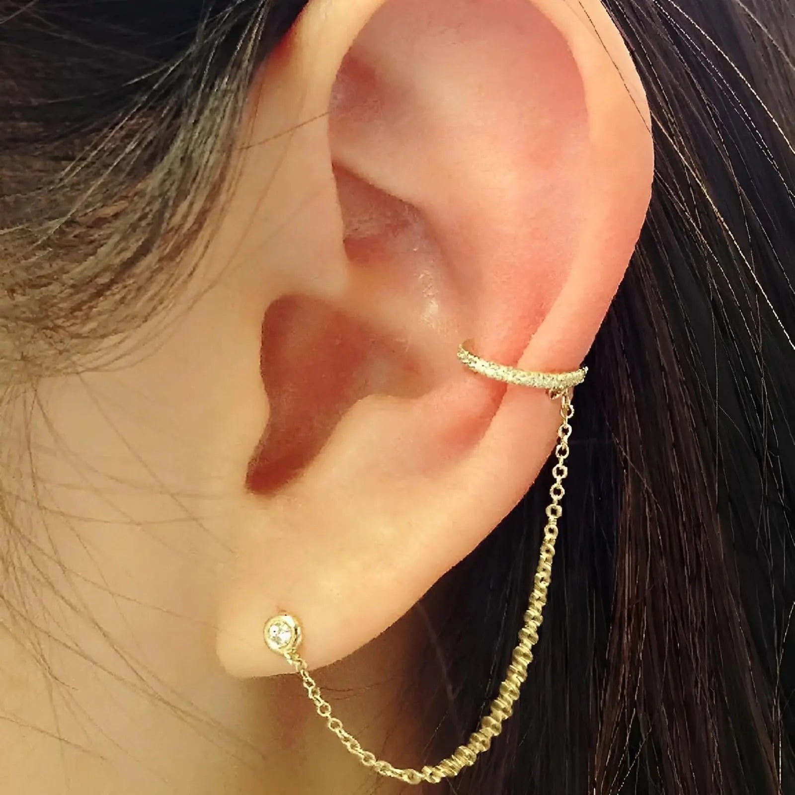 Gold Chain-Link Ear Cuff with Diamond Accents - Koru Jewelers