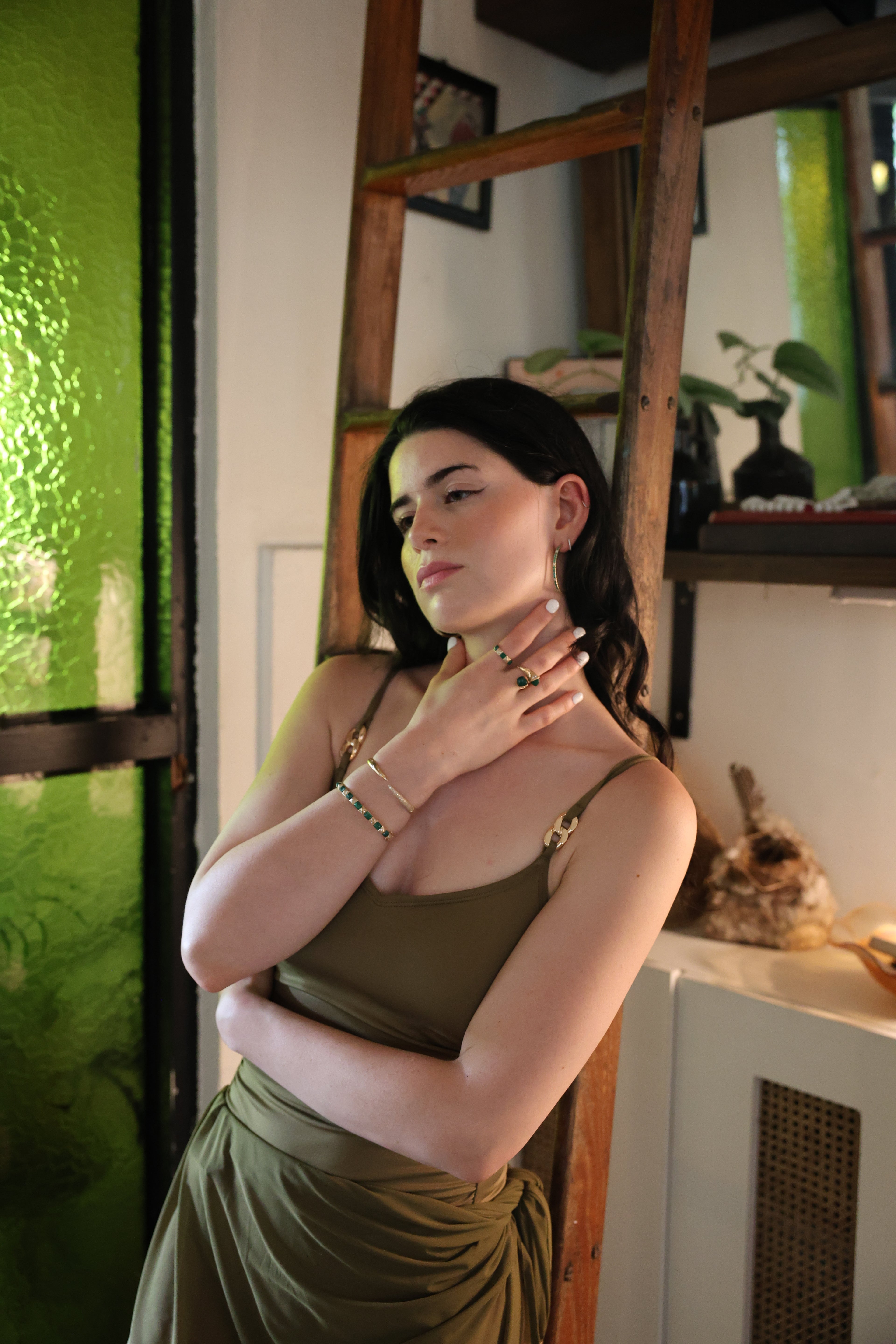 14K Yellow Gold Malachite Bangle Bracelet