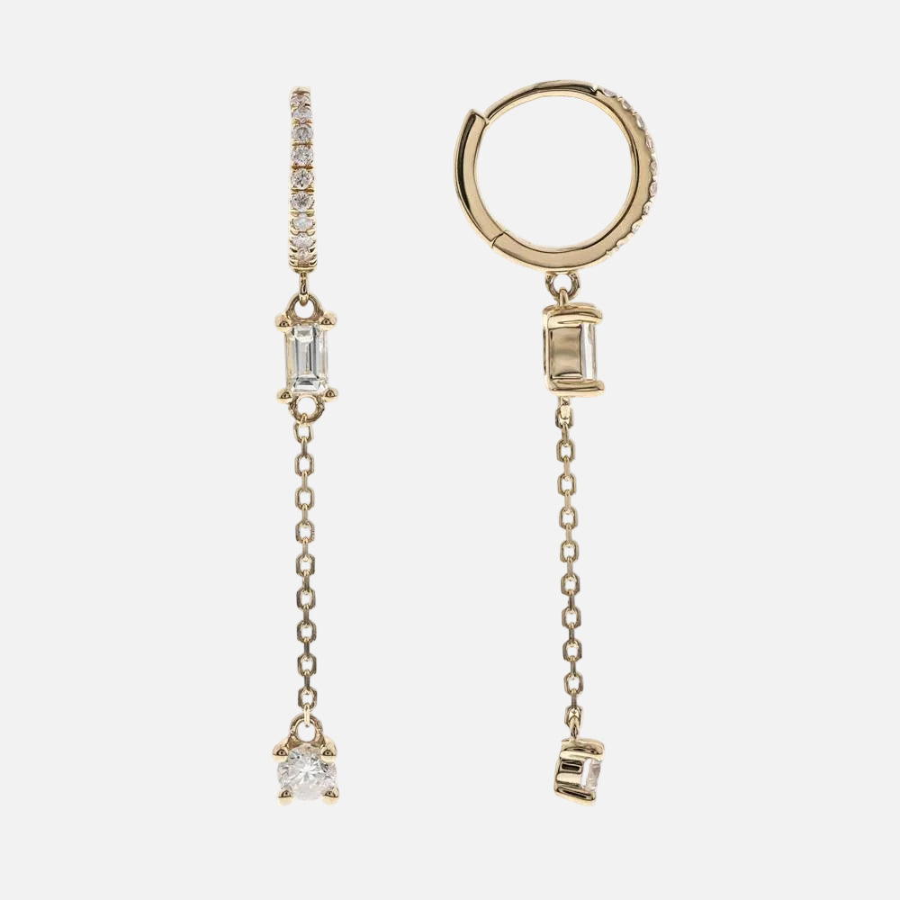 14K Yellow Gold Diamond Drop Hoop Earrings featuring pavé diamonds and emerald cut diamonds.