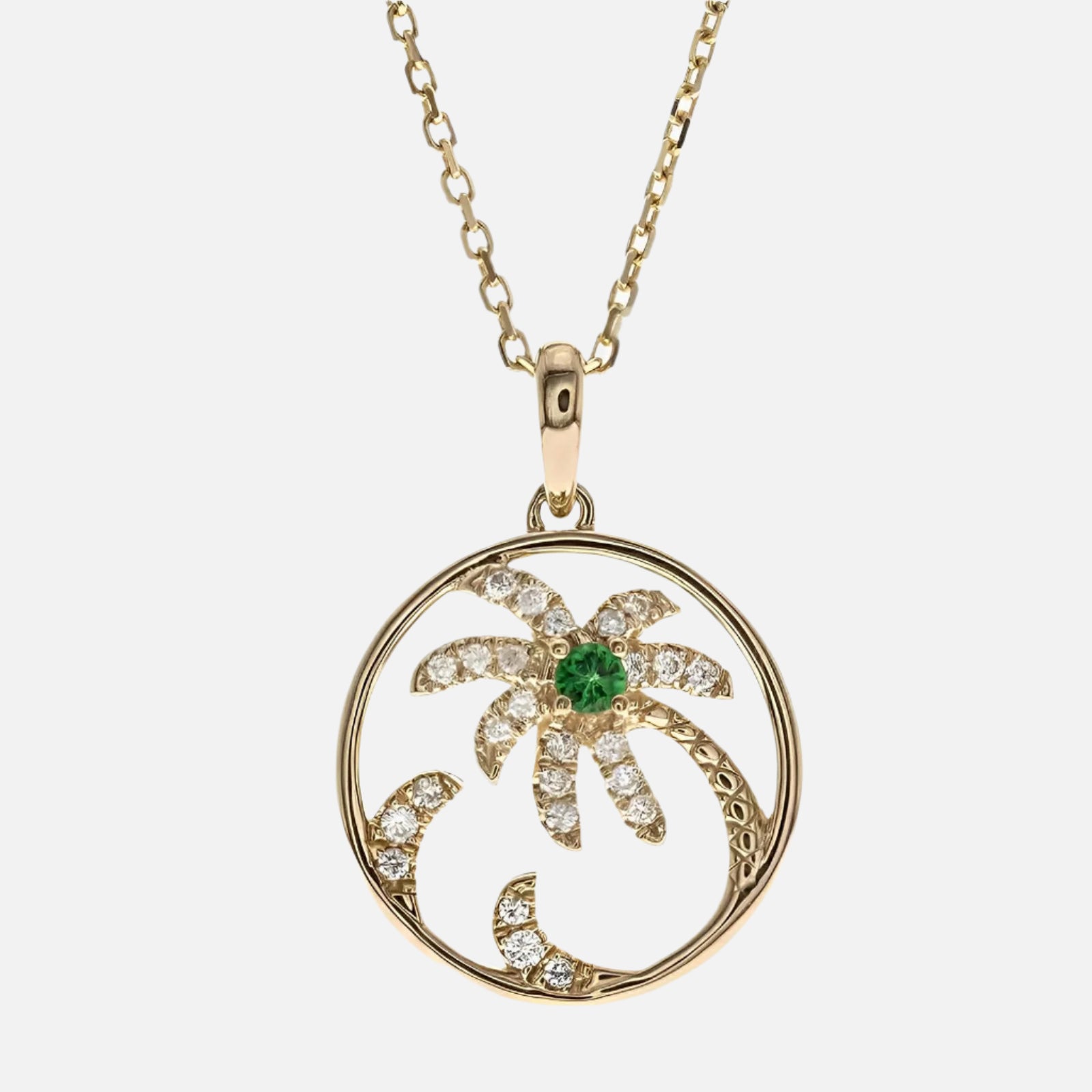 Tsavorite and Diamond Palm Tree Pendant Necklace