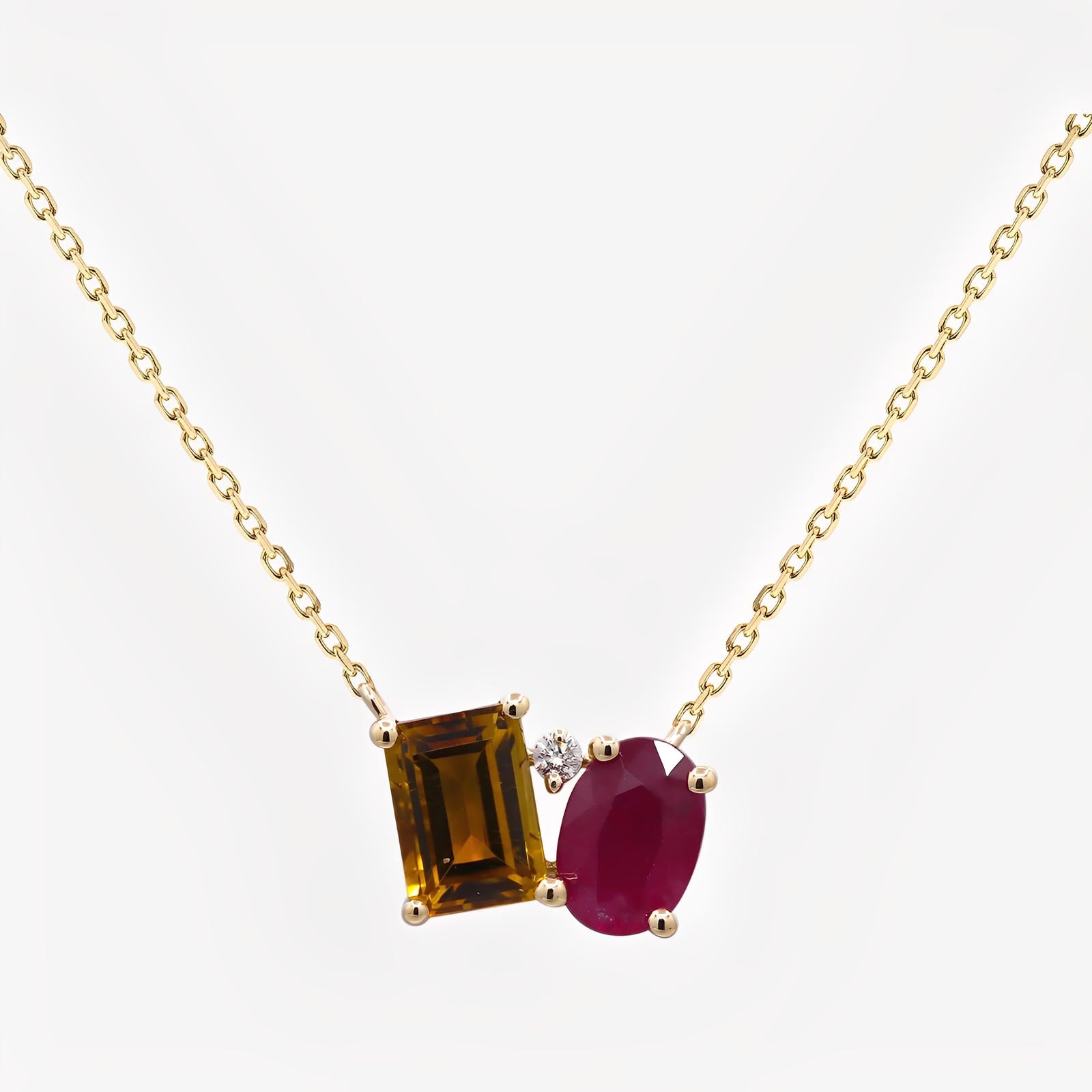 10K Yellow Gold Citrine and Ruby Gemstone Necklace
