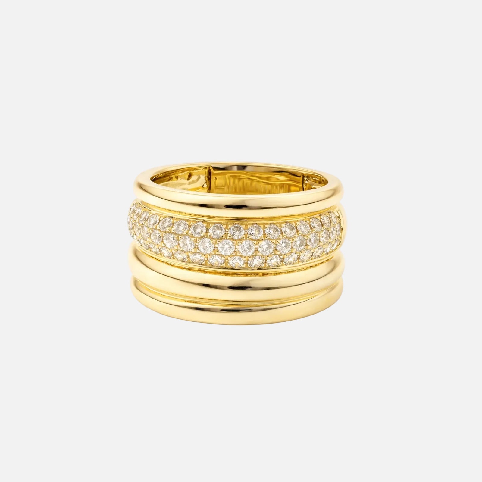 Triple Row Diamond Band Ring in 14K yellow gold with round diamonds for bold sparkle and timeless elegance.