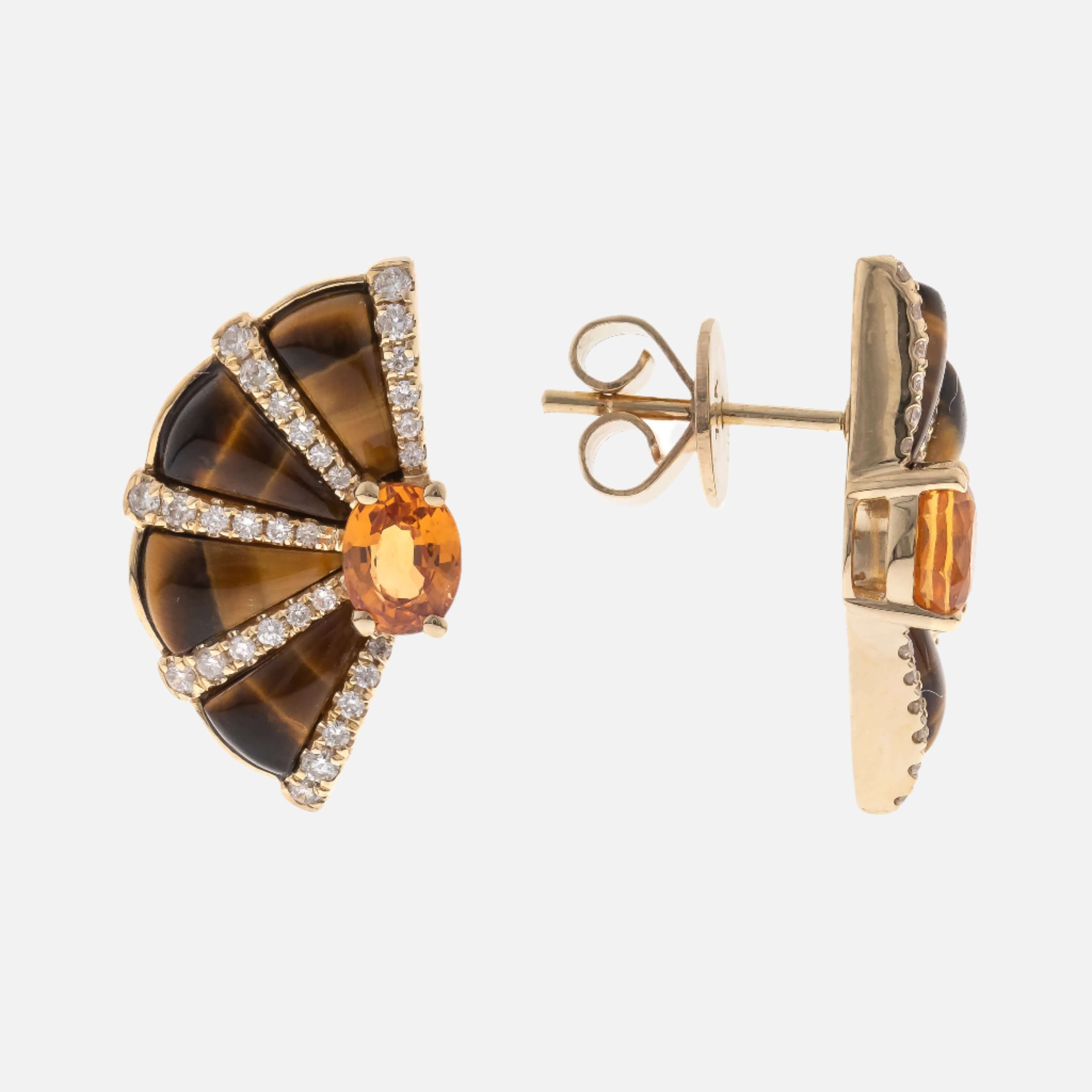 Gold earrings with tiger's eye and orange gemstones