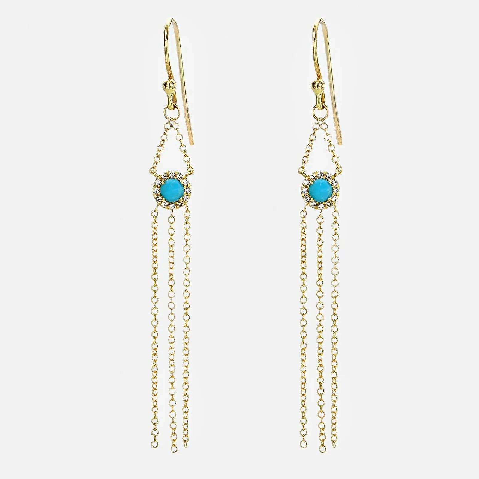 14K Yellow Gold Wire Back Earrings with Suspended Turquoise Rosettes and Delicate Chain Accents