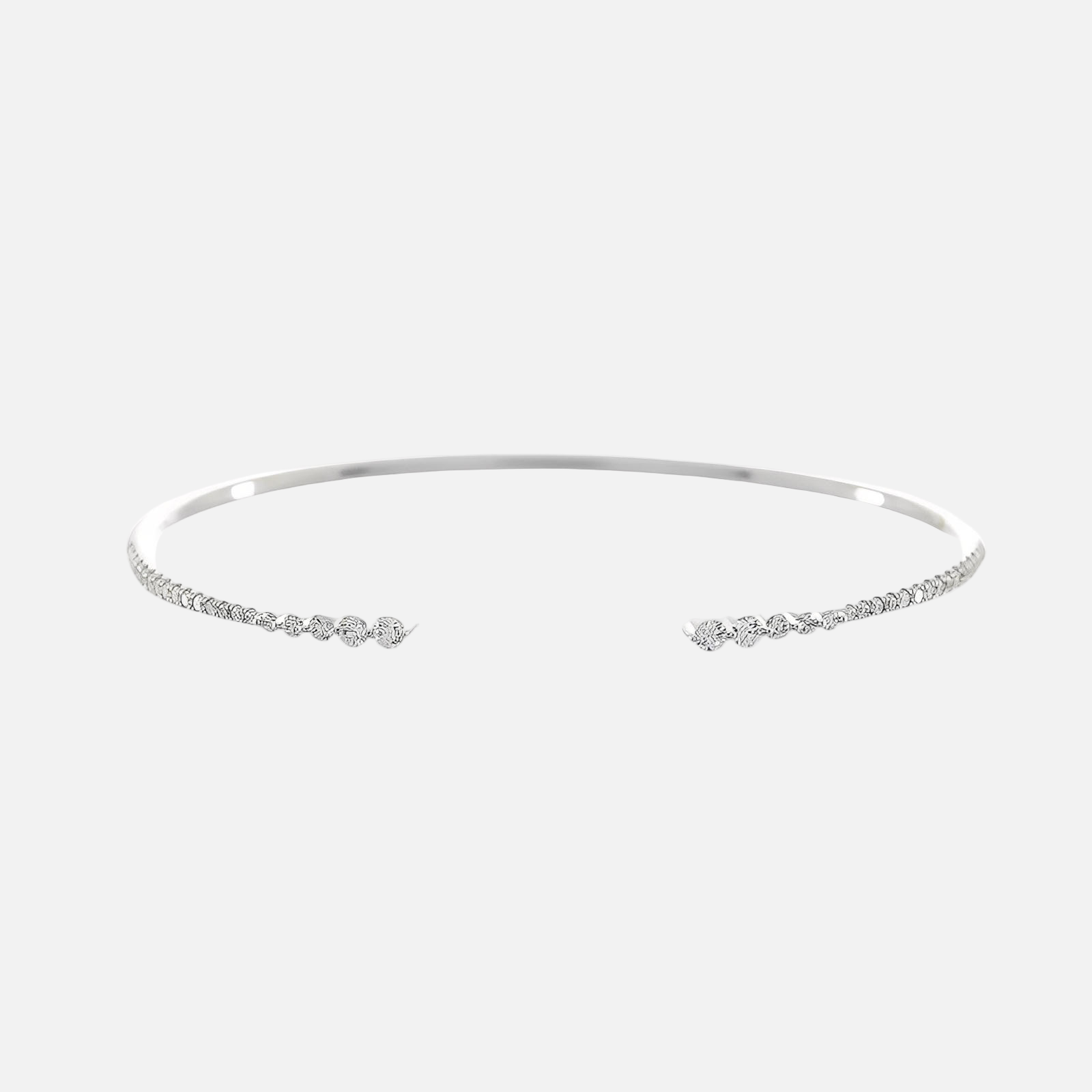 14K White Gold Round Diamond Open Bangle Bracelet with a sleek and modern design featuring brilliant-cut diamonds.