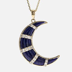 Diamond Crescent Moon Lapis Pendant Necklace