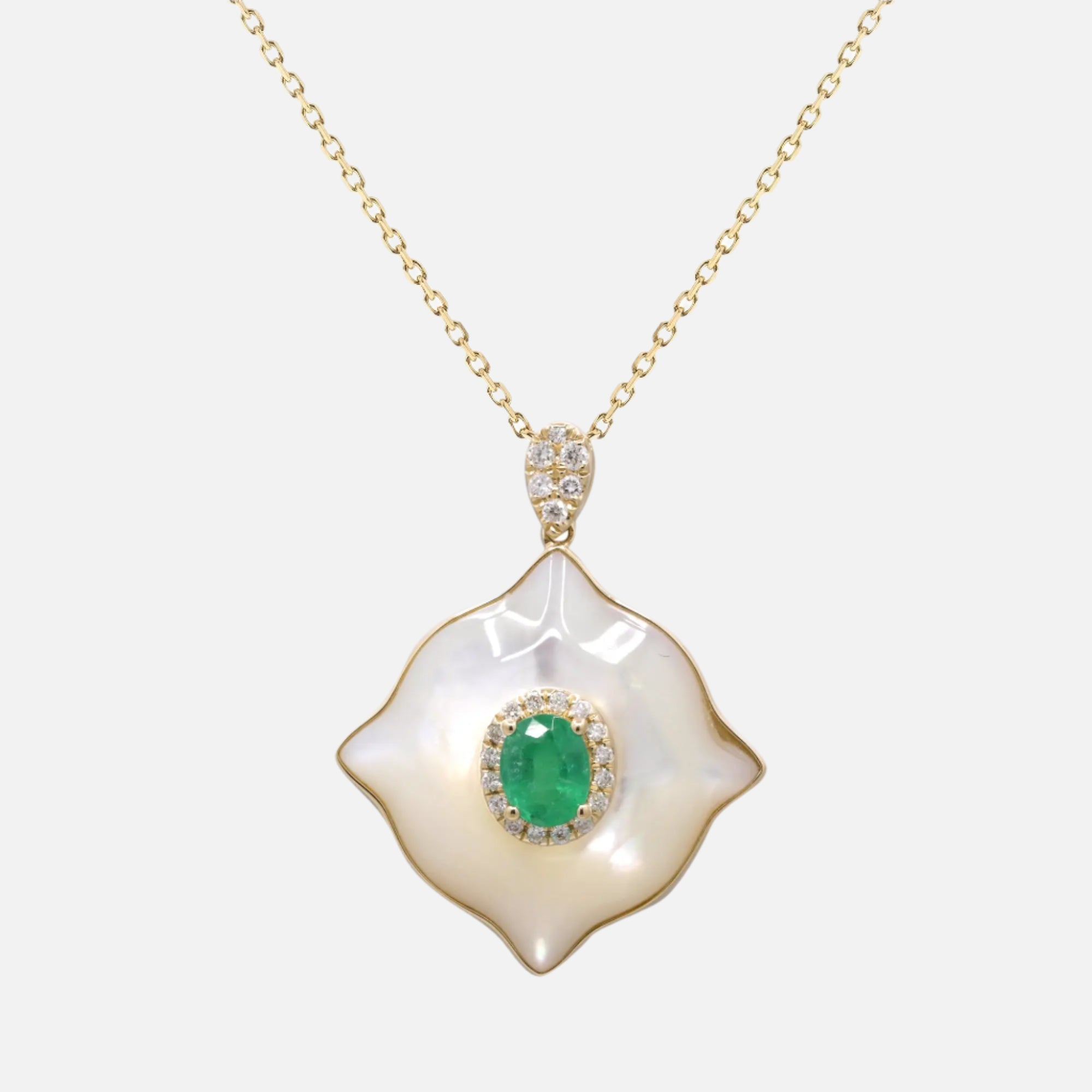 Emerald and Mother-of-Pearl Diamond Pendant Necklace Koru Jewelers