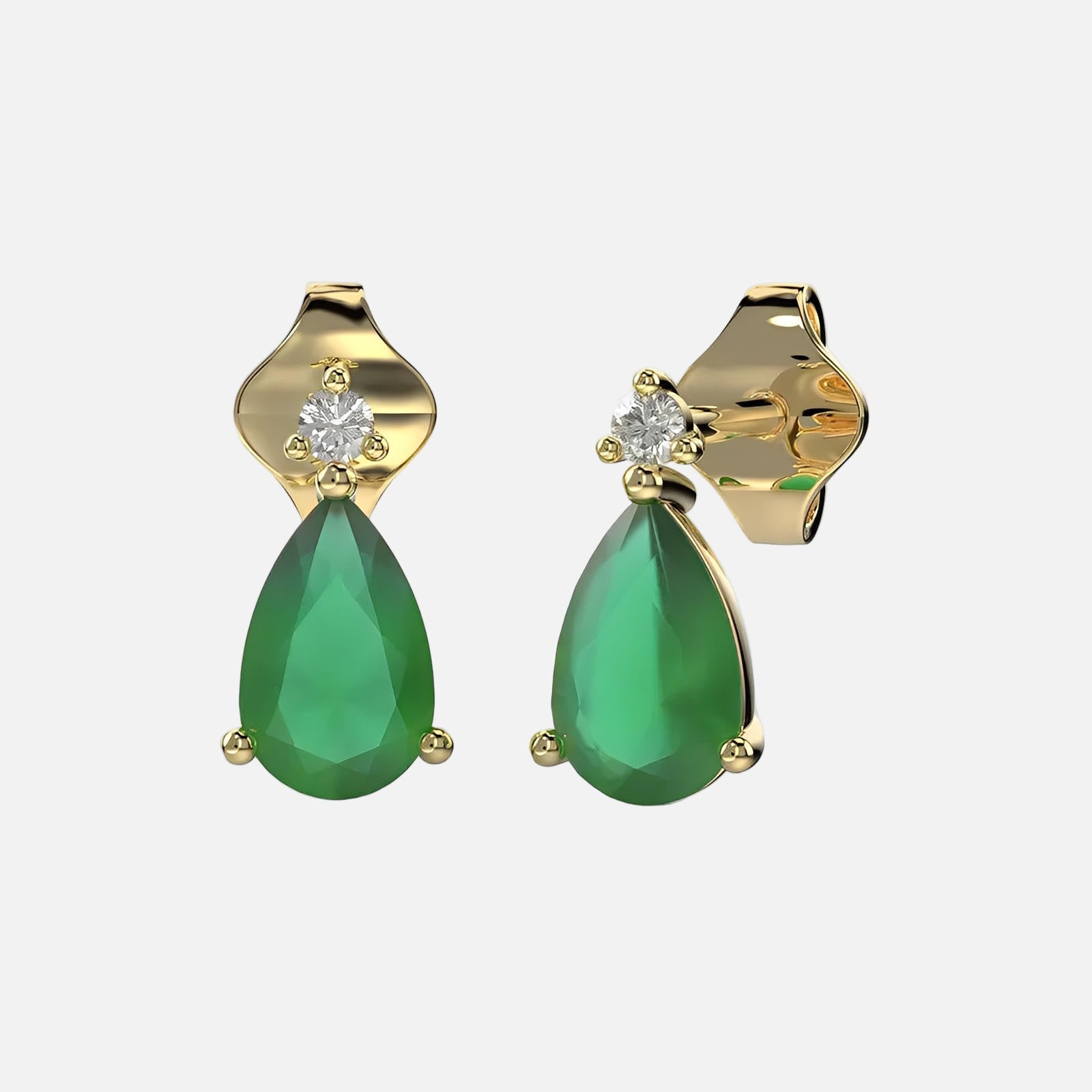 Gold earrings with green teardrop-shaped gemstones on a white background