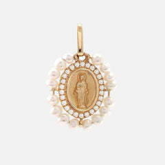 Natural Pearl & Diamond Virgin Mary Pendant